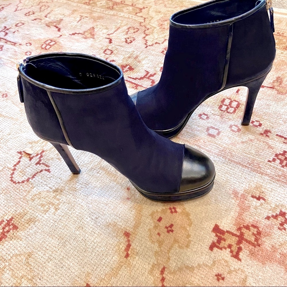 Chanel Blue Suede Heeled Ankle Booties, 38.5